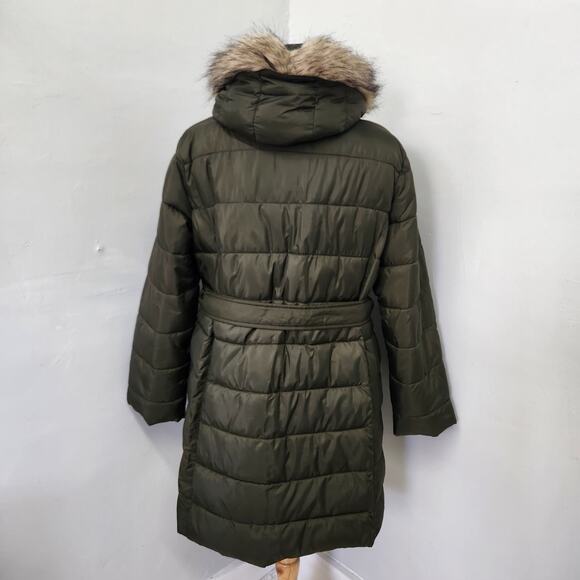 LOFT Army Olive Green Removable Faux Fur Hood Puffer Jacket Coat Size 16 - Picture 4 of 11
